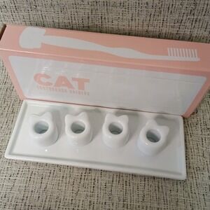 Cat Lady Box White Ceramic Cat Toothbrush Holders and Tray Set 5 Piece NEW